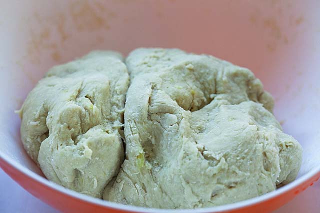 Combine the mashed sweet potatoes with flour, sugar and water to form a dough. 