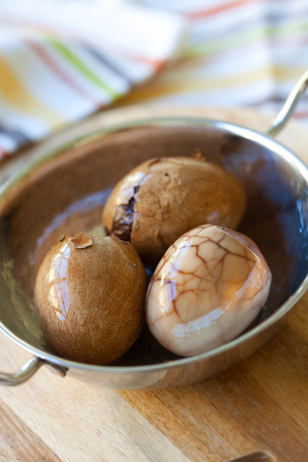 Marbled Chinese tea eggs served in a bowl. 