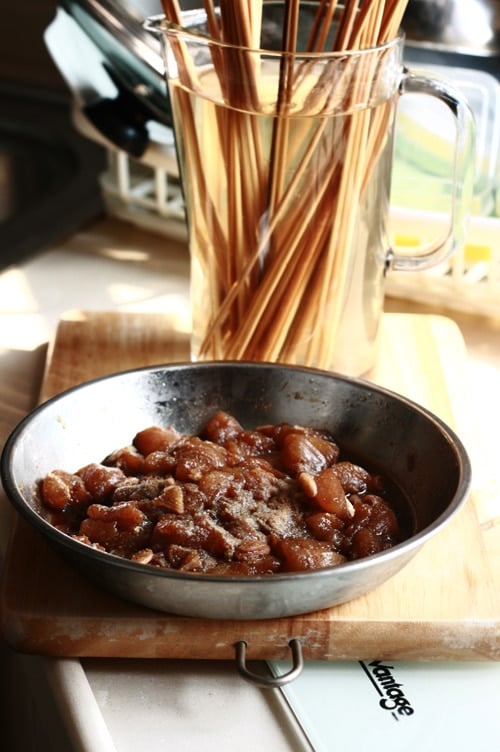 Sate skewers, ready for grilling.