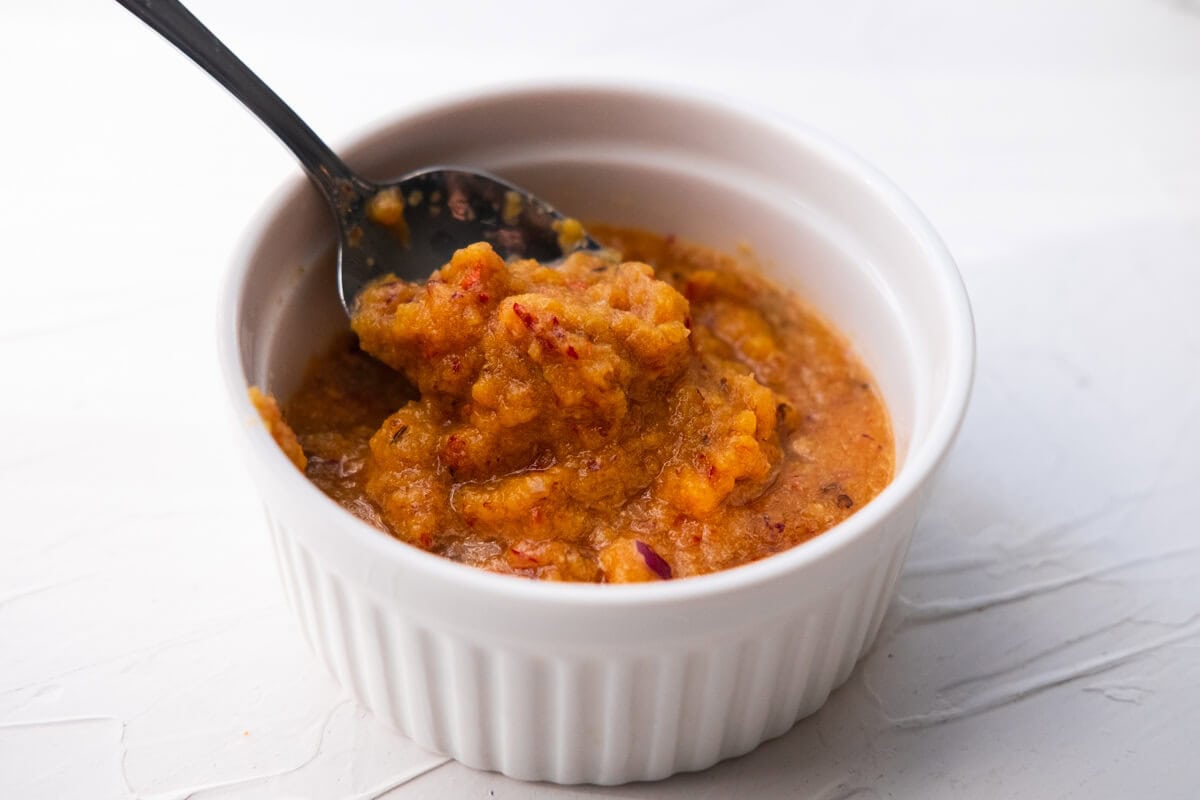 Blended spice paste in a bowl. 