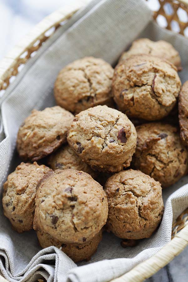 Close up of freshly baked chocolate chip cookies.