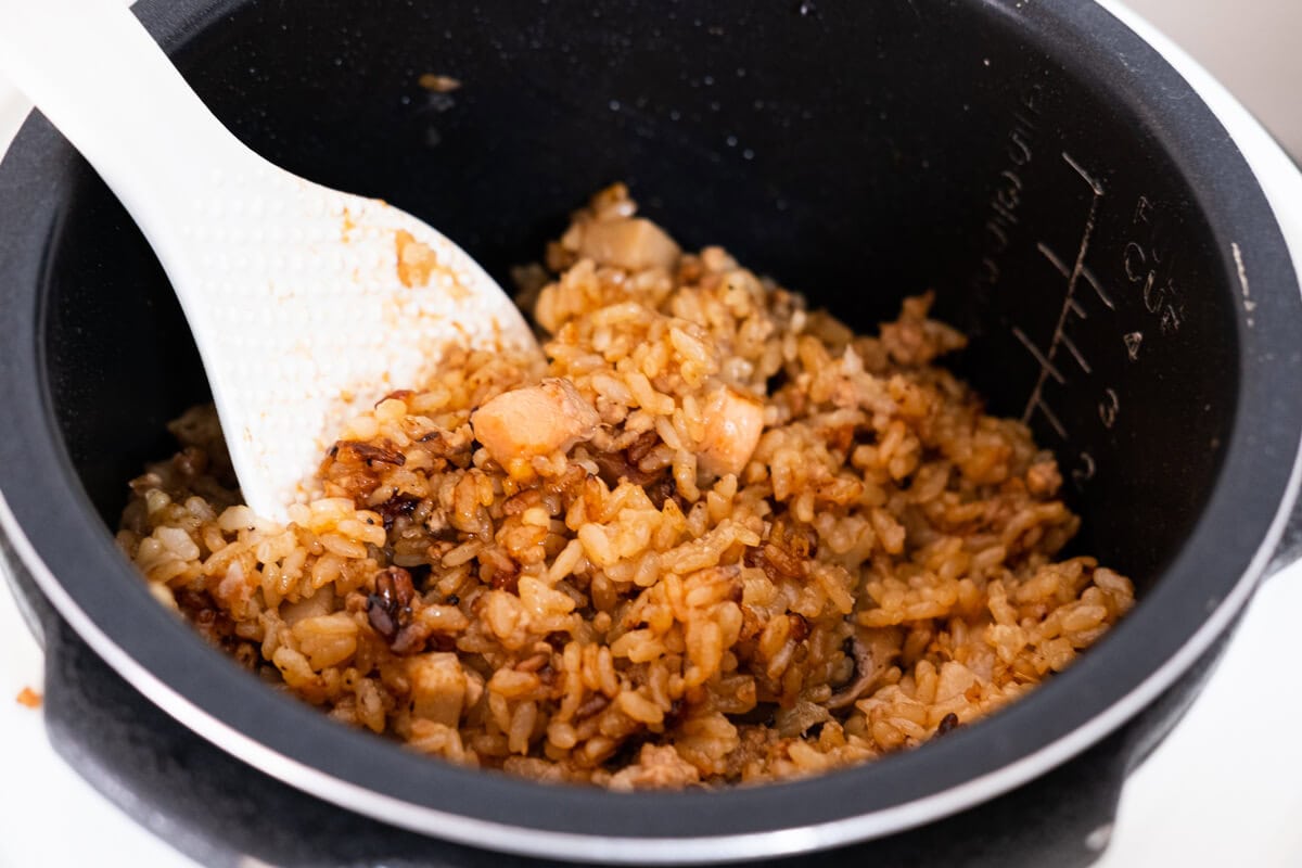 Yam rice in a rice cooker.