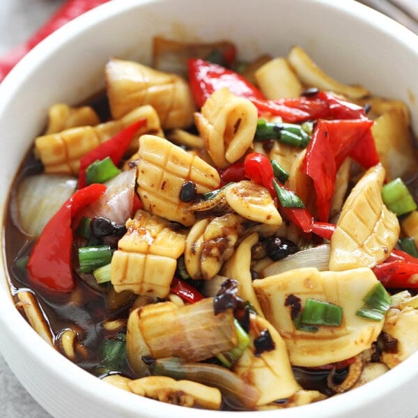 Squid stir fry with Chinese fermented black beans.