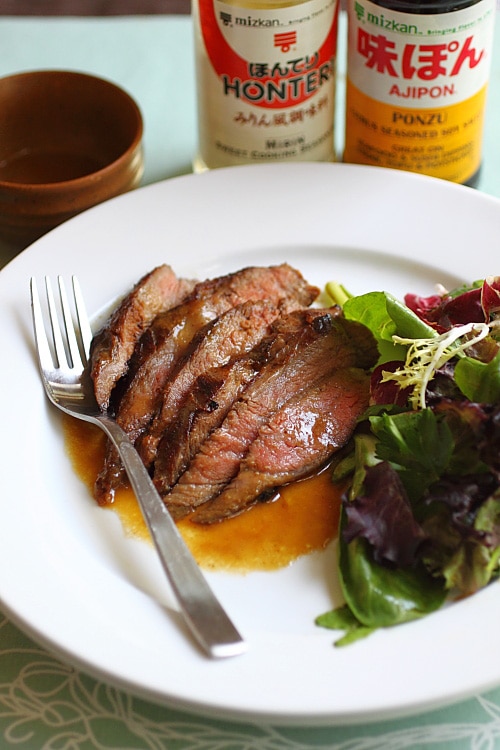 Flank steak recipe with flank steak marinade of miso, butter and ponzu.