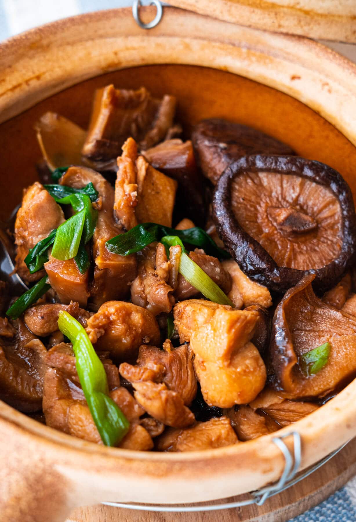 Chicken claypot with mushroom in brown gravy.