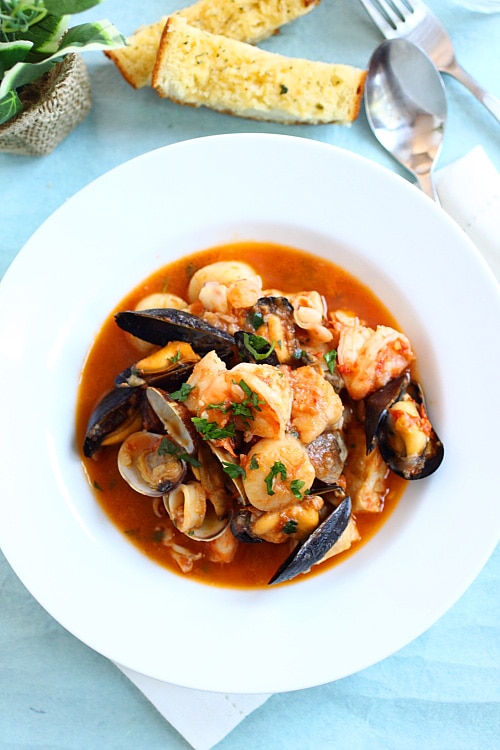 San Francisco Cioppino seafood stew with seafood, ready to serve.