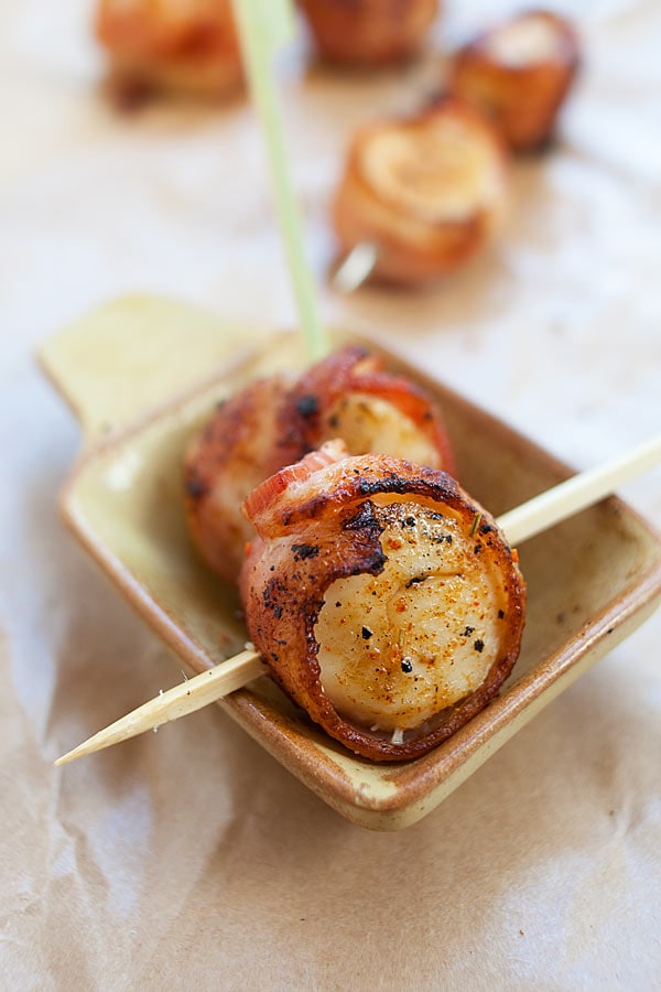 Grilled Bacon Wrapped Scallops on skewers