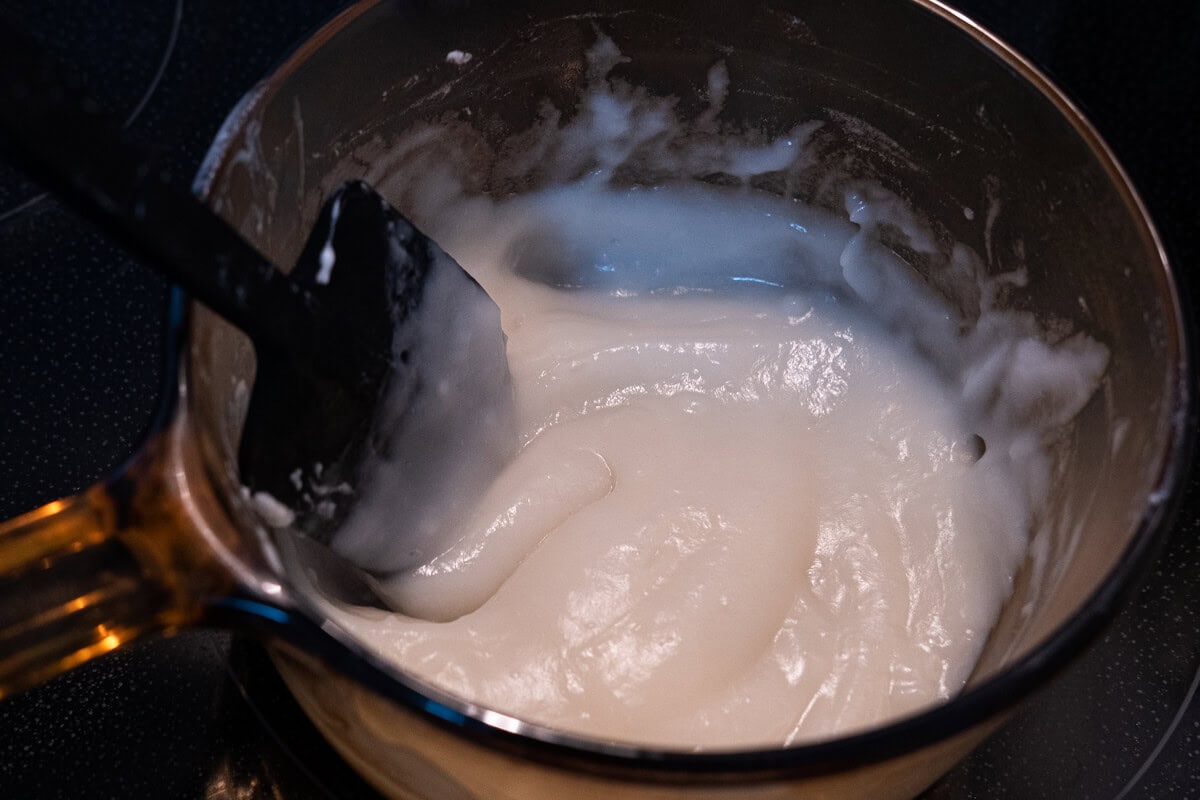 Cook tangzhong bread starter in a sauce pan. 