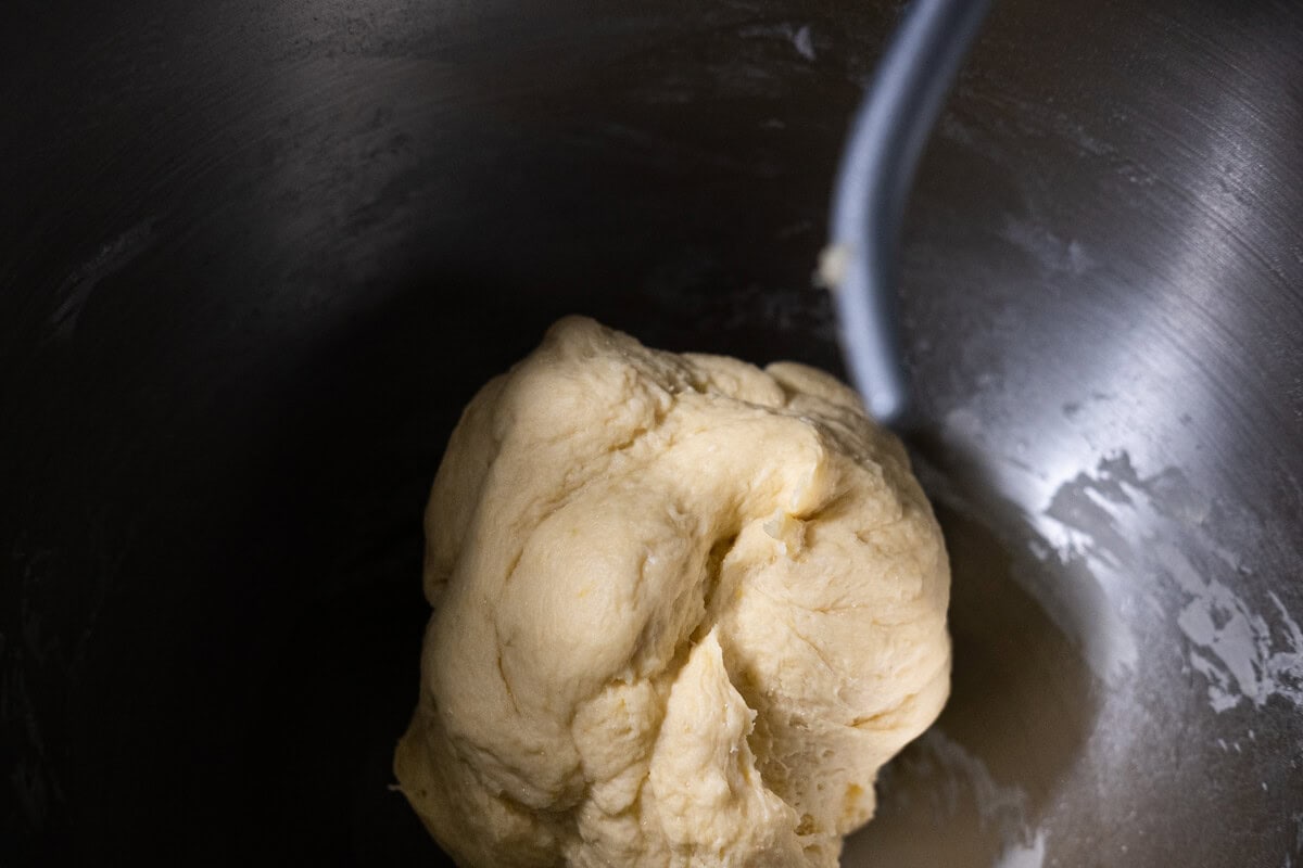 Kneading bread dough in a stand mixer. 