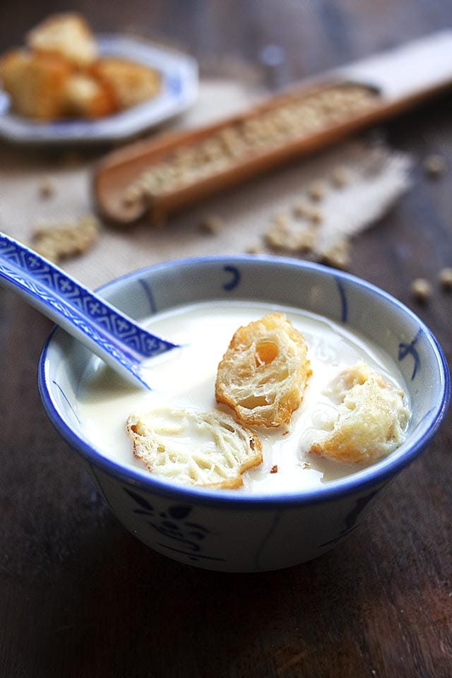 Homemade Chinese soy milk in a bowl.