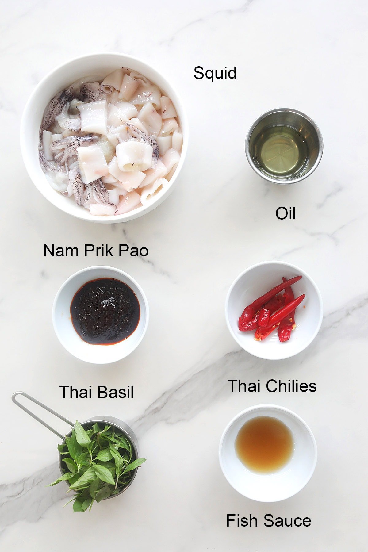 Thai squid recipe ingredients for Thai basil squid. 