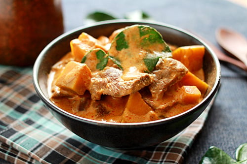 Easy Thai red curry with beef and pumpkin served in a bowl.