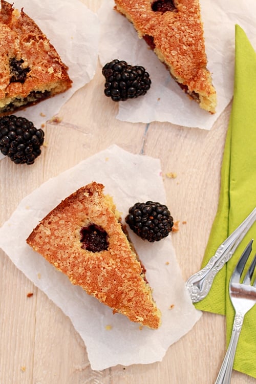 Top down view of easy homemade buttermilk cake with blackberries.