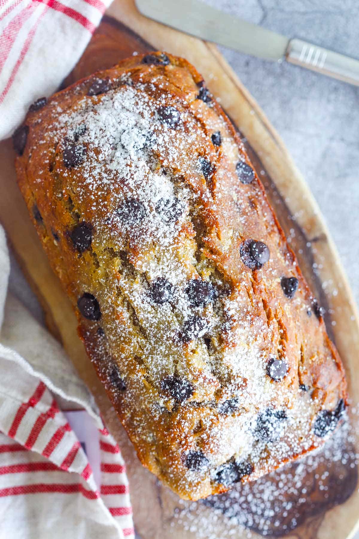 Chocolate chip banana bread, sliced into pieces.