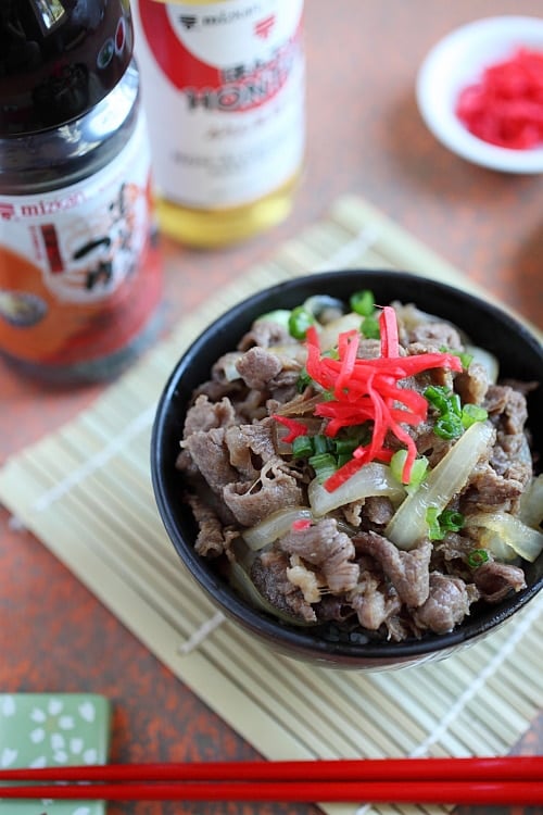 Japanese Beef Bowl Gyudon simmered beef with onion, soy sauce and rice in bowl.