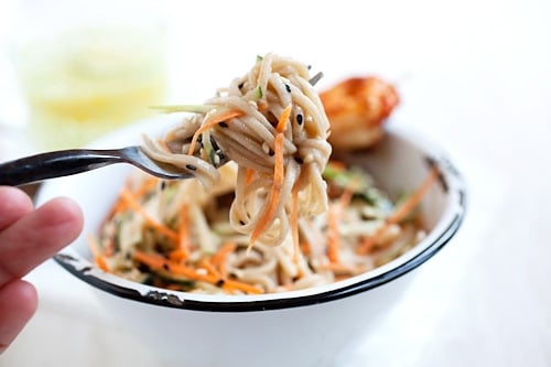 Easy Japanese cold soba noodles made with sesame, carrots, cucumbers and shrimps.