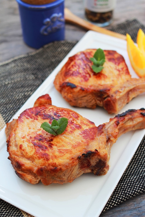 Easy Asian brined pork chops with pork chop brine, ready to serve.