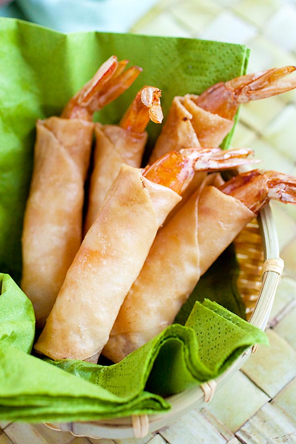 Easy and quick deep fried Asian shrimp spring rolls filled with cheddar cheese.