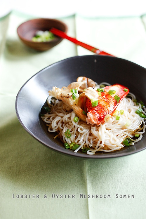 Easy homemade Japanese cold lobster somen served in a bowl.