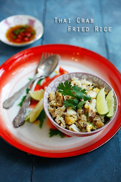 Thai crab fried rice made with steamed rice, eggs, and crab meat.