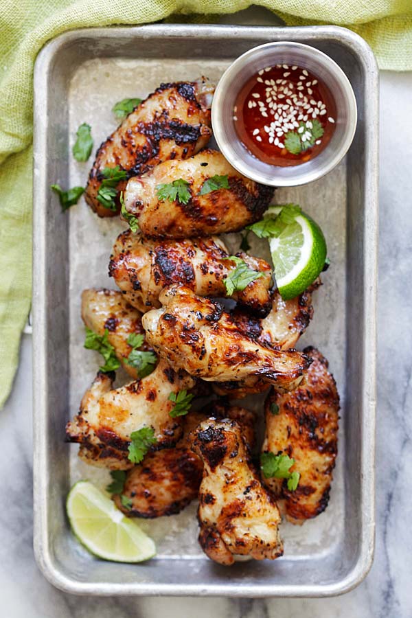 Close up of grilled Vietnamese chicken wings with lemongrass and fish sauce.