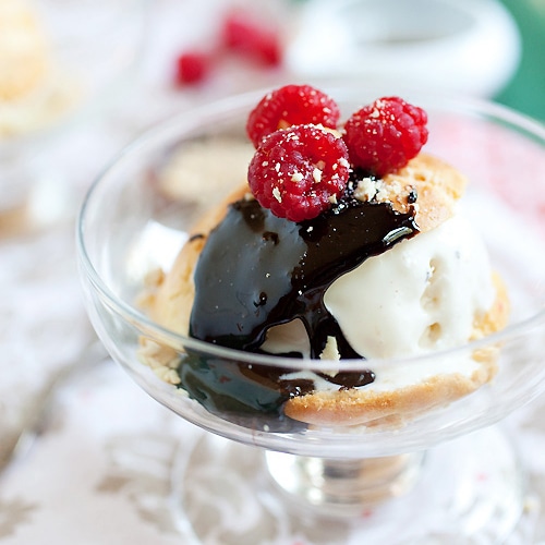 Profiterole with Ice Cream & Chocolate Sauce