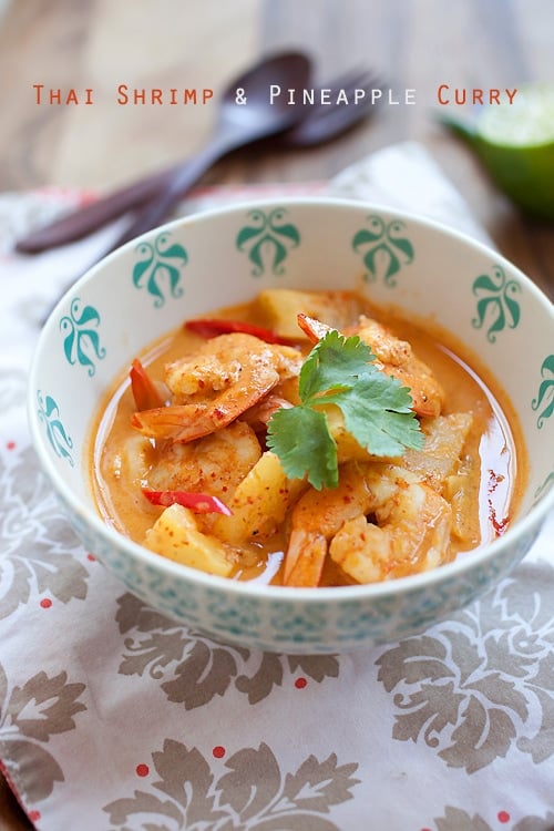 Easy and delicious Thai red shrimp and pineapple curry served in a bowl.