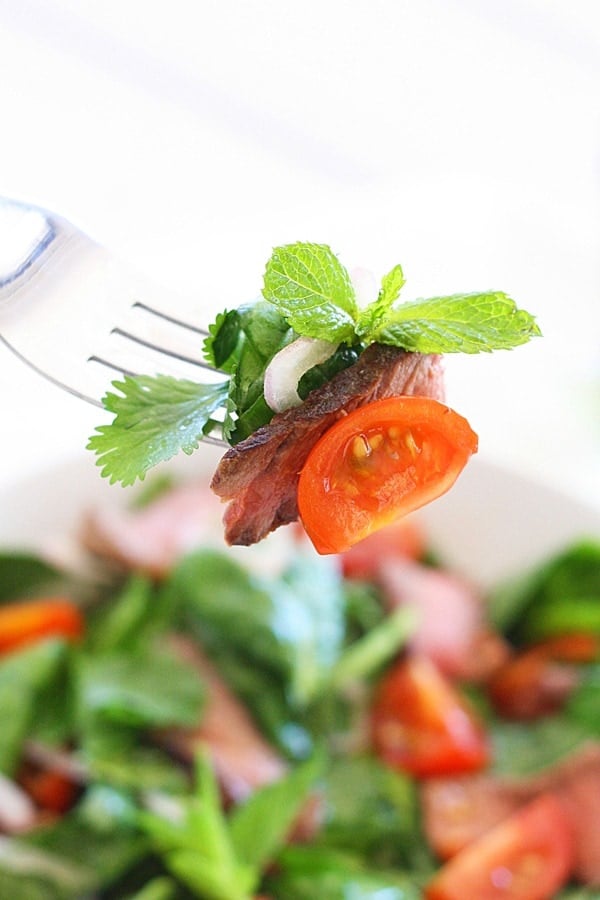 Bite of a Thai Salad with mint, cilantro, beef, and tomato on fork.