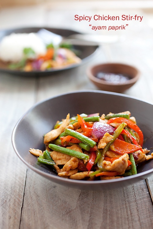 Easy and authentic Malaysian spicy chicken stir fry served in a plate.