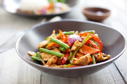 Asian spicy chicken stir fry ready to serve.