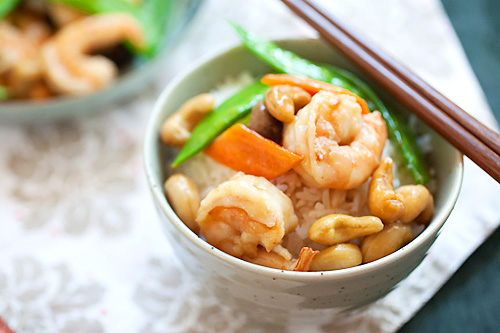 Healthy homemade Chinese style stir fry cashew nuts with shrimps Chinese takeout dish.