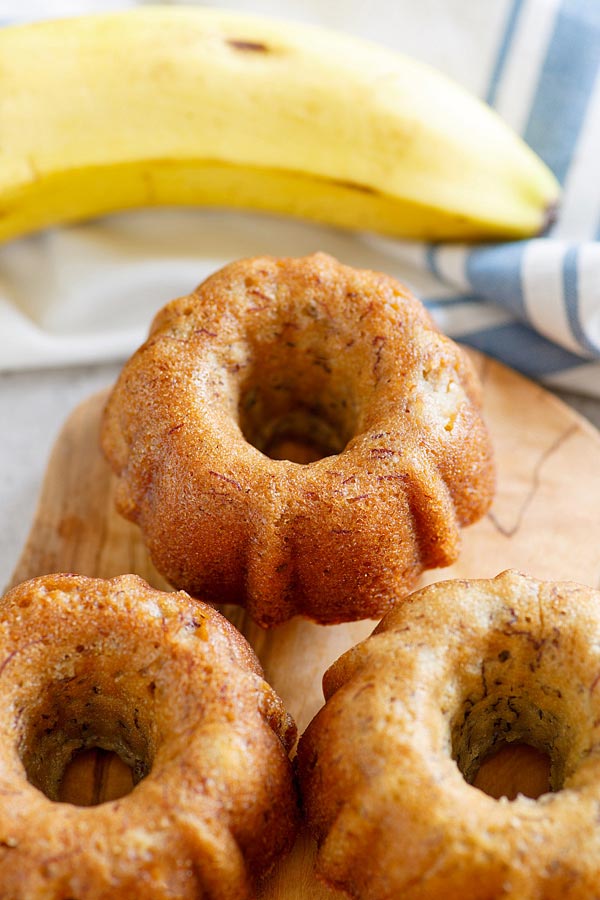 Classic homemade banana bundt cake, baked in mini bundt pans.