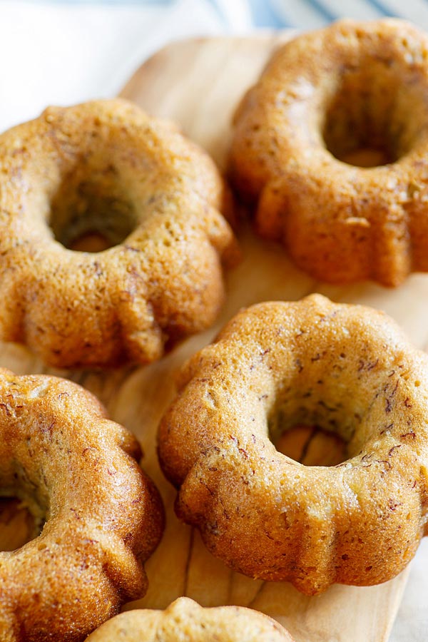 Mini moist and delicious banana bundt cakes.