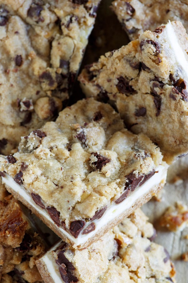 Close up easy homemade Chocolate Chip Cookie Dough Cheesecake Bar.