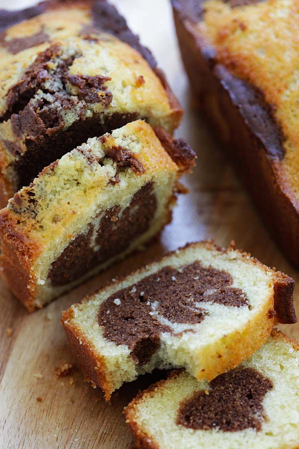 Homemade marble cake recipe with butter, sugar, all purpose flour, eggs and cocoa powder.