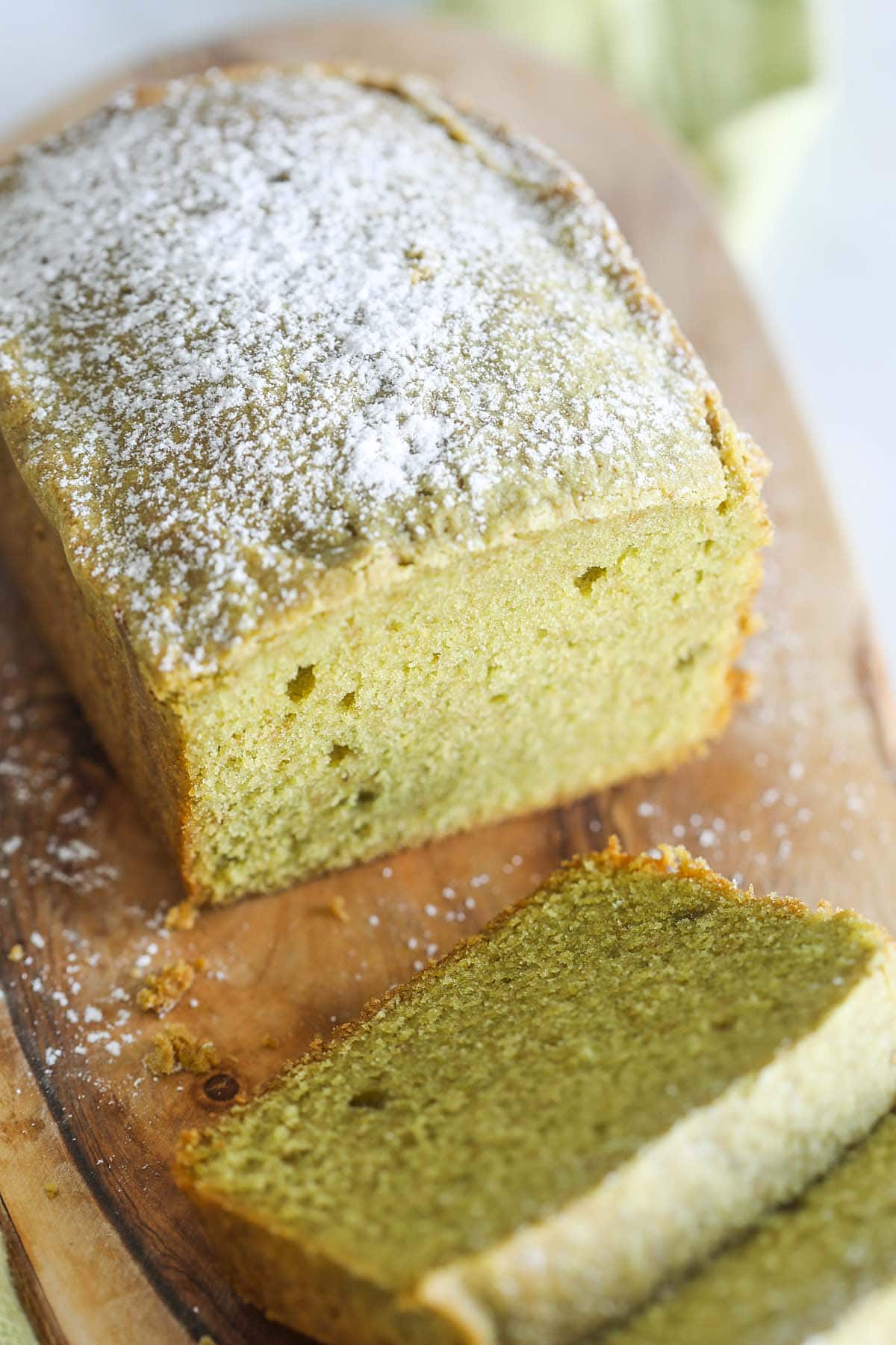 Healthy Matcha pound cake, sliced to pieces.