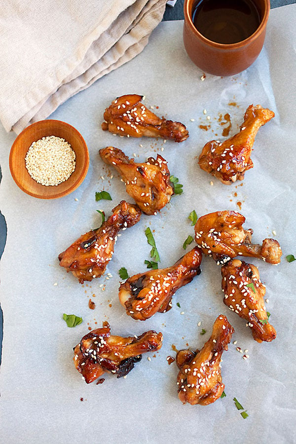 Top down view of sweet and sticky Honey Soy Chicken Wings wings with honey and soy sauce glaze.