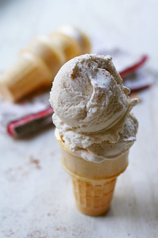 Easy and delicious cinnamon bun ice cream in a cone ready to serve.