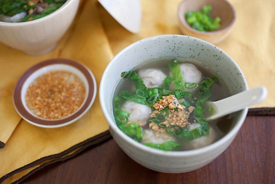 Easy fish balls soup with garlic oil in a bowl ready to serve.