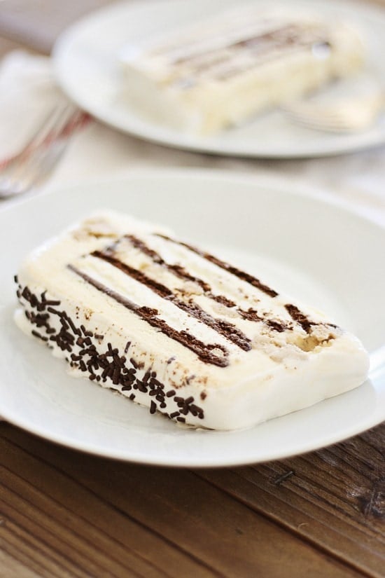 Cookie dough ice cream cake served in a plate.