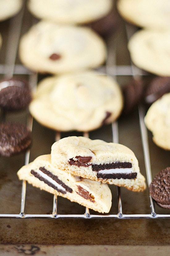 Easy crunchy Oreo-stuffed chocolate chip cookies on a cooling rack.