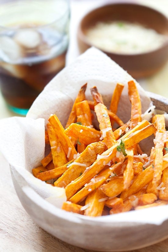 Parmesan Sweet Potato Fries in a basket.