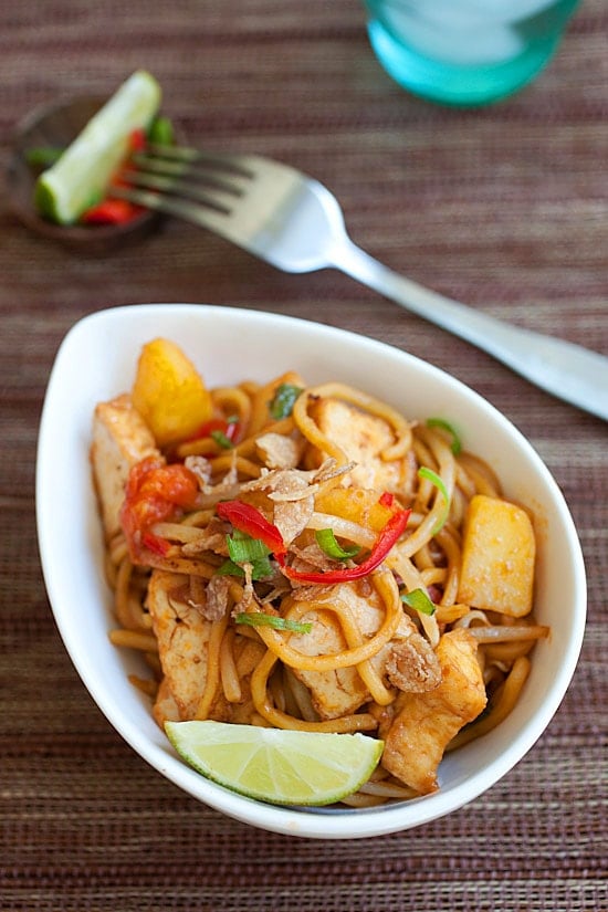 Veggie Mee Goreng (fried noodles) made with only vegetables and vegan ingredients.