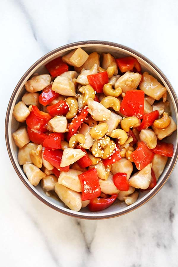 Silky Chicken with Brown Cashew Chicken Sauce in a bowl.