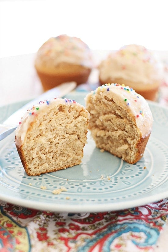 Easy glazed doughnut muffins sliced in half, ready to serve.