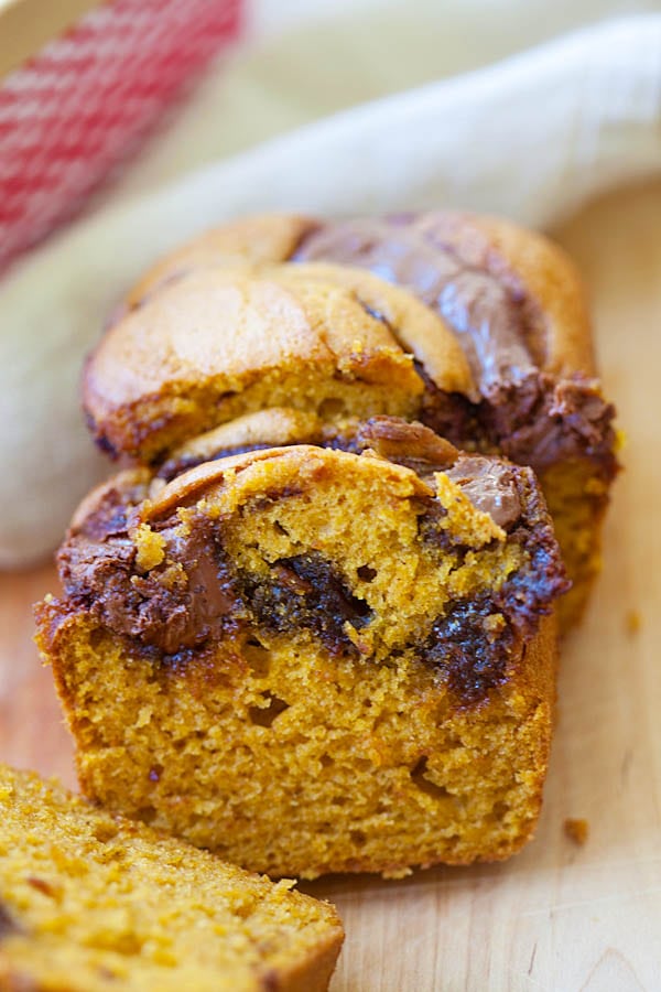 Homemade delicious Nutella Swirled Pumpkin Bread sliced and ready to serve.