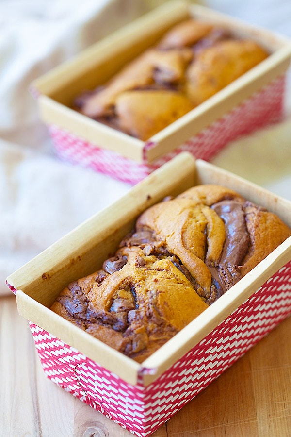 Easy homemade Nutella Swirled Pumpkin Bread.