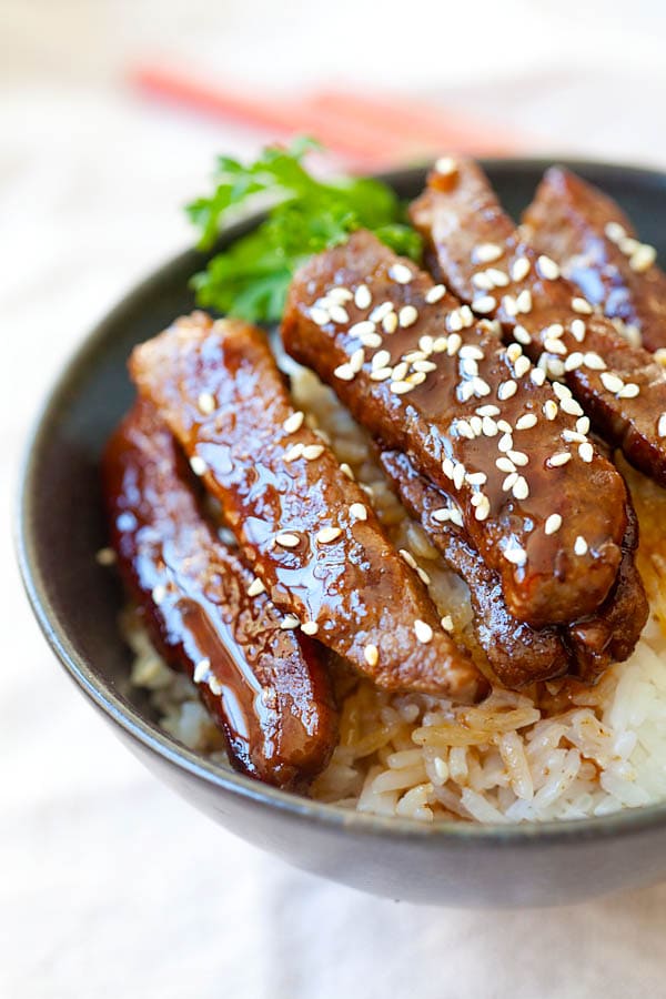 Homemade Beef Teriyaki on top of rice.