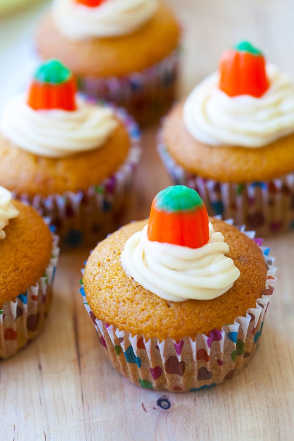 Cream cheese filled pumpkin cupcakes.