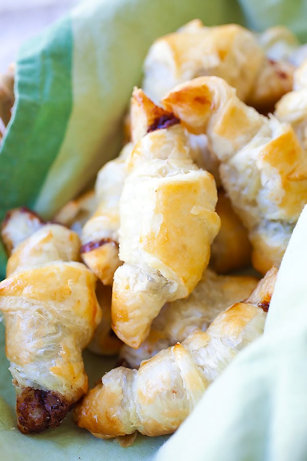 Easy homemade mini Nutella croissants served in a basket.